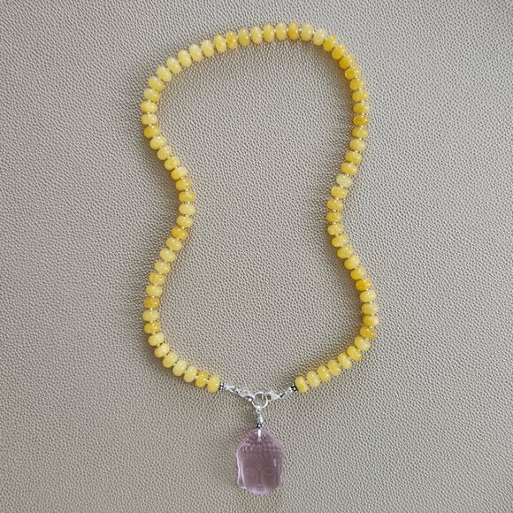 YELLOW JADE NECKLACE W/ PINK BUDDHA PENDANT--20" - Picture 3 of 7